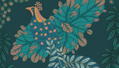 exotic bird illustration, folk art bird, Folk Pattern by Lesley Smitheringale, surface patterns, illustrations, art for licensing, patterns for licensing