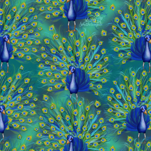 blue peacocks pattern by Lesley Smitheringale, peacocks pattern, ornate flair, surface pattern designs