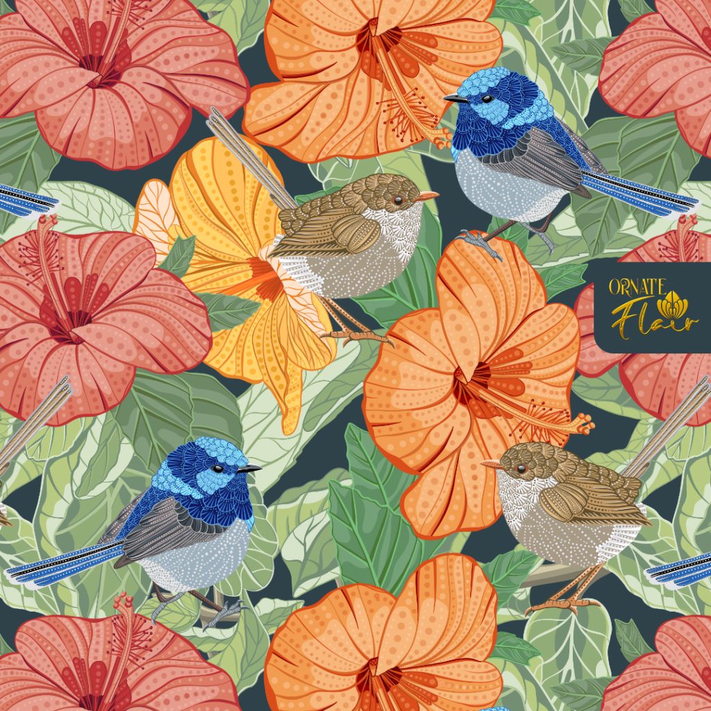 Blue Wrens and Hibiscus pattern on dark green, Australian Birds and Blooms Collection at Ornate Flair, surface pattern designer, Ornate Flair, Brisbane illustrator, illustrator for hire, Lesley Smitheringale