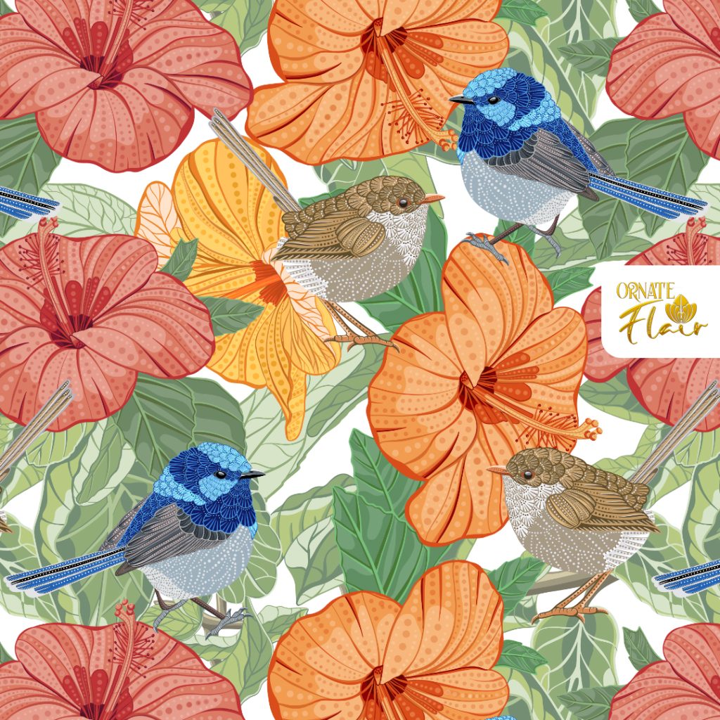 Blue Wrens and Hibiscus pattern on white, Australian Birds and Blooms Collection at Ornate Flair, surface pattern designer, Ornate Flair, Brisbane illustrator, illustrator for hire, Lesley Smitheringale