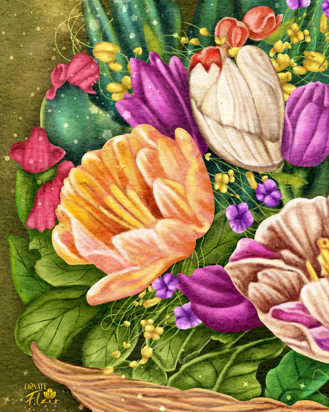 Easter Basket Detail 1, Basket of Flowers, Basket of Spring Flowers, Floral art, floral illustration, Easter, Easter illustrations, Easter art for licensing, ornateflair, Lesley Smitheringale
