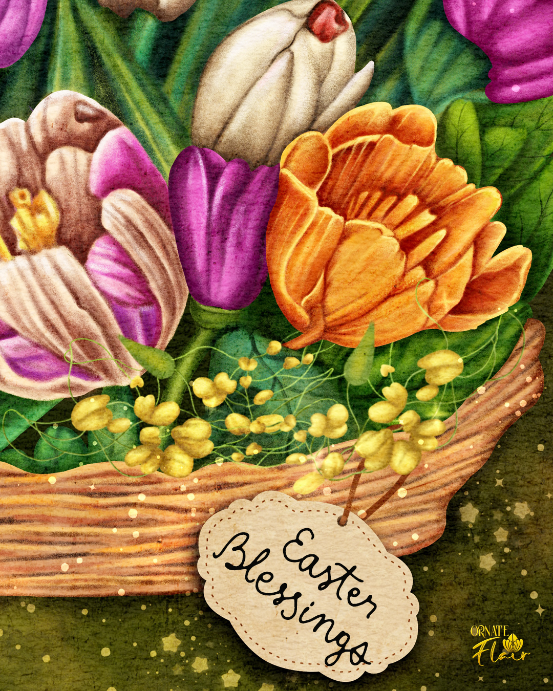 Easter Basket Detail 2, Basket of Flowers, Basket of Spring Flowers, Floral art, floral illustration, Easter, Easter illustrations, Easter art for licensing, ornateflair, Lesley Smitheringale