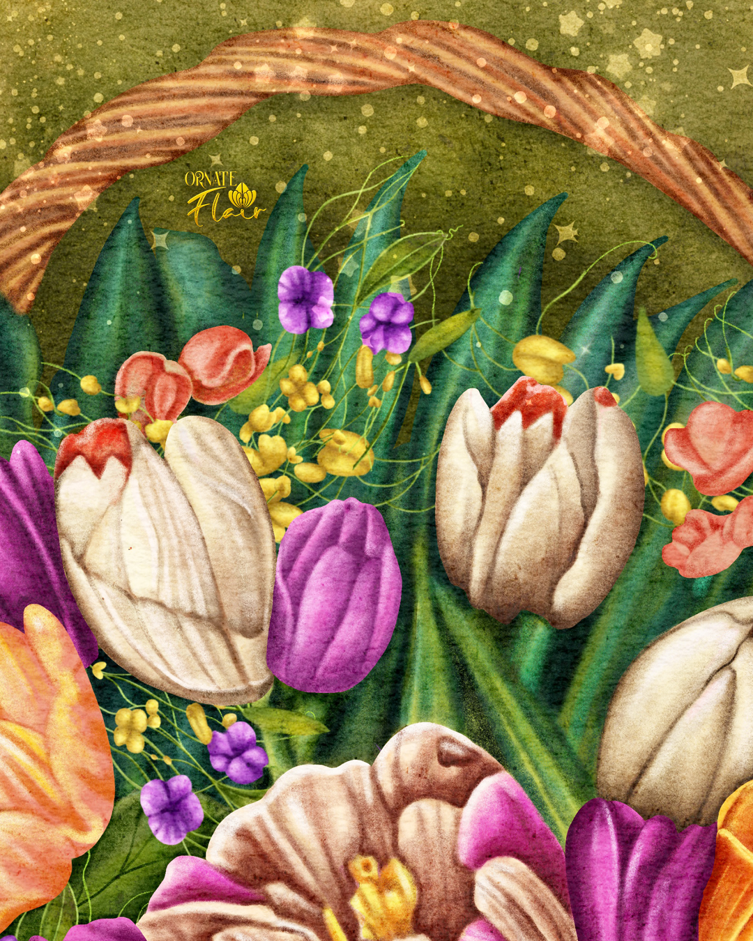 Easter Basket Detail 3, Basket of Flowers, Basket of Spring Flowers, Floral art, floral illustration, Easter, Easter illustrations, Easter art for licensing, ornateflair, Lesley Smitheringale