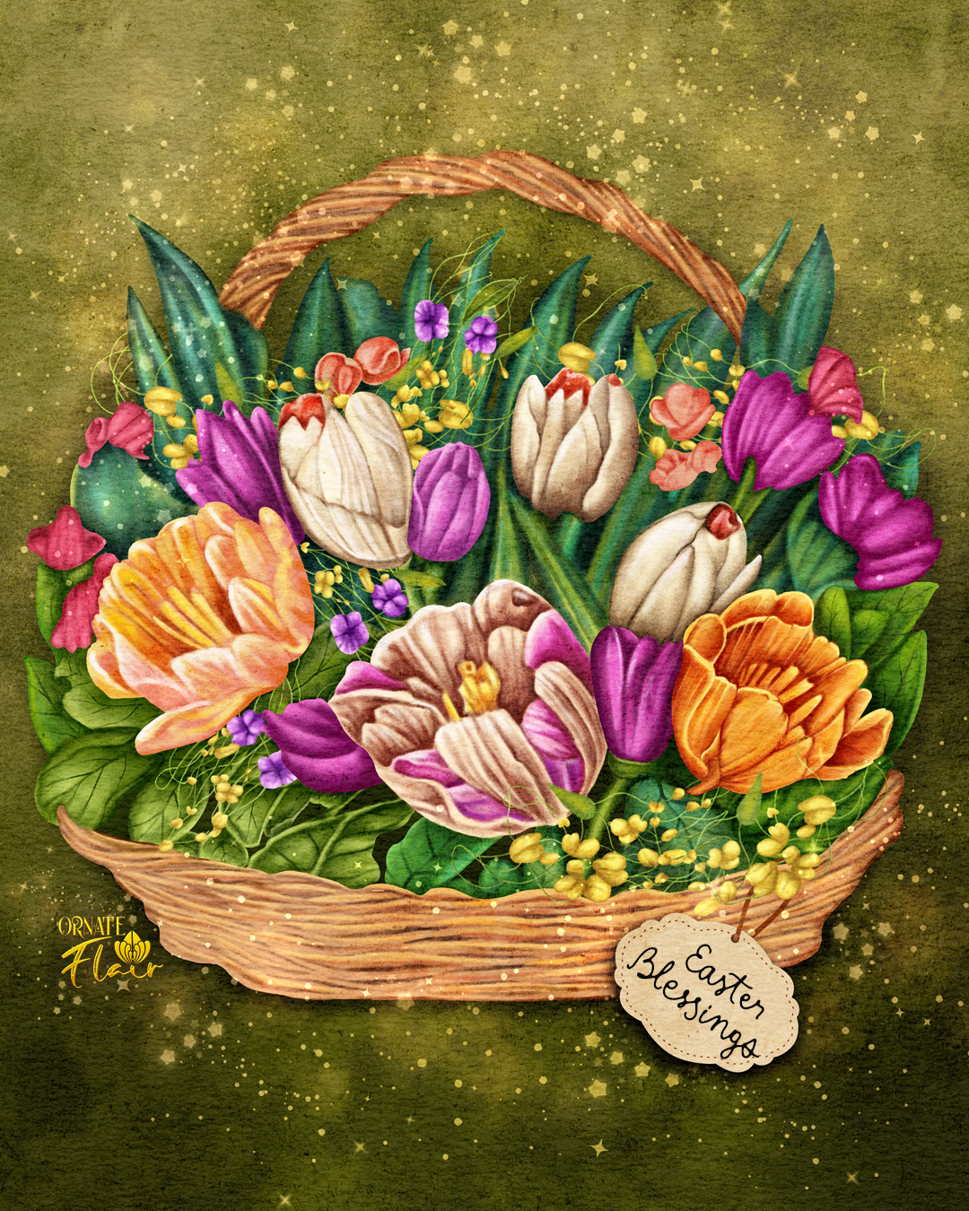 Easter Basket, Basket of Flowers, Basket of Spring Flowers, Floral art, floral illustration, Easter, Easter illustrations, Easter art for licensing, ornateflair, Lesley Smitheringale