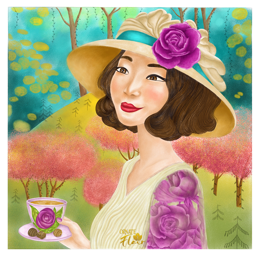 lady in hat at garden tea party, garden tea party illustrations, people illustrations, character illustrations, ladies illustrations, art for licensing, art licensing, artist for hire, Brisbane illustrator, Lesley Smitheringale, Ornate Flair
