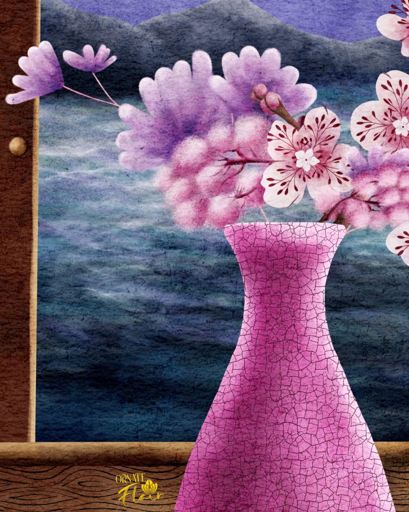 Moonlit Ikebana illustration - Detail 2 by Lesley Smitheringale, Japanese-inspired art, art for licensing, brisbane artist