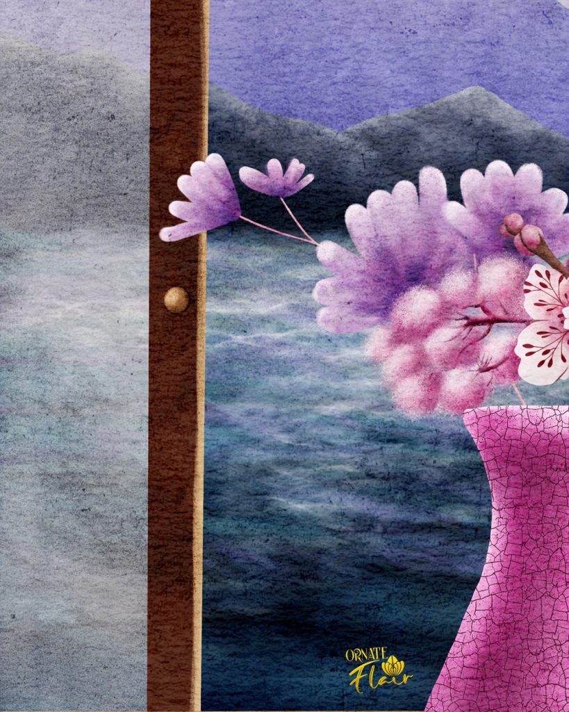 Moonlit Ikebana illustration - detail 3 by Lesley Smitheringale, Japanese-inspired art, art for licensing, brisbane artist
