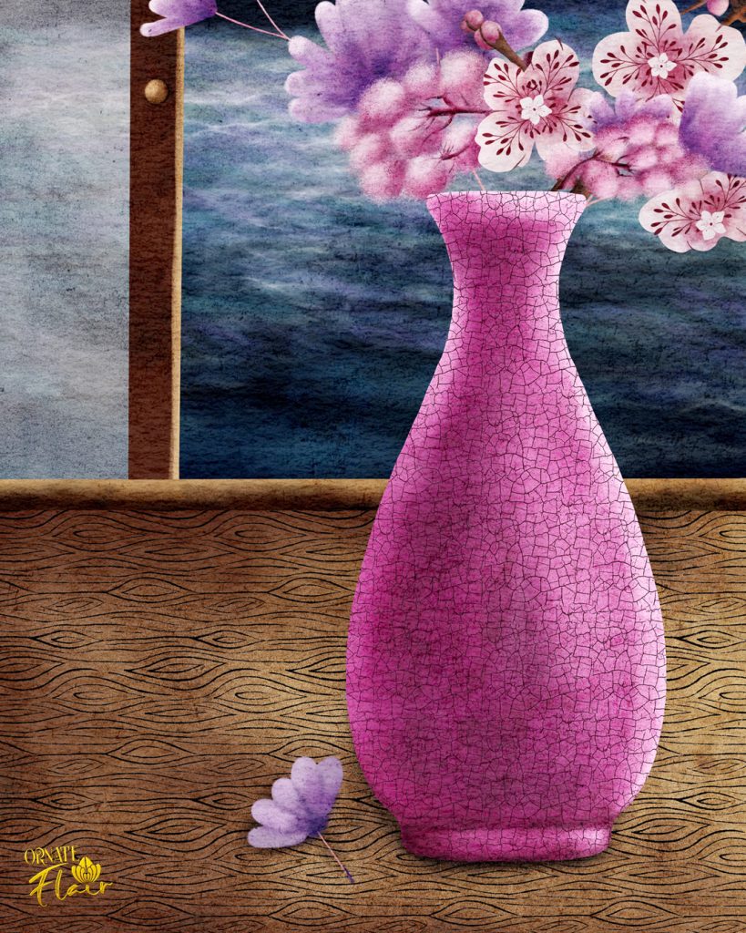 Moonlit Ikebana illustration - Detail 4 by Lesley Smitheringale, Japanese-inspired art, art for licensing, brisbane artist