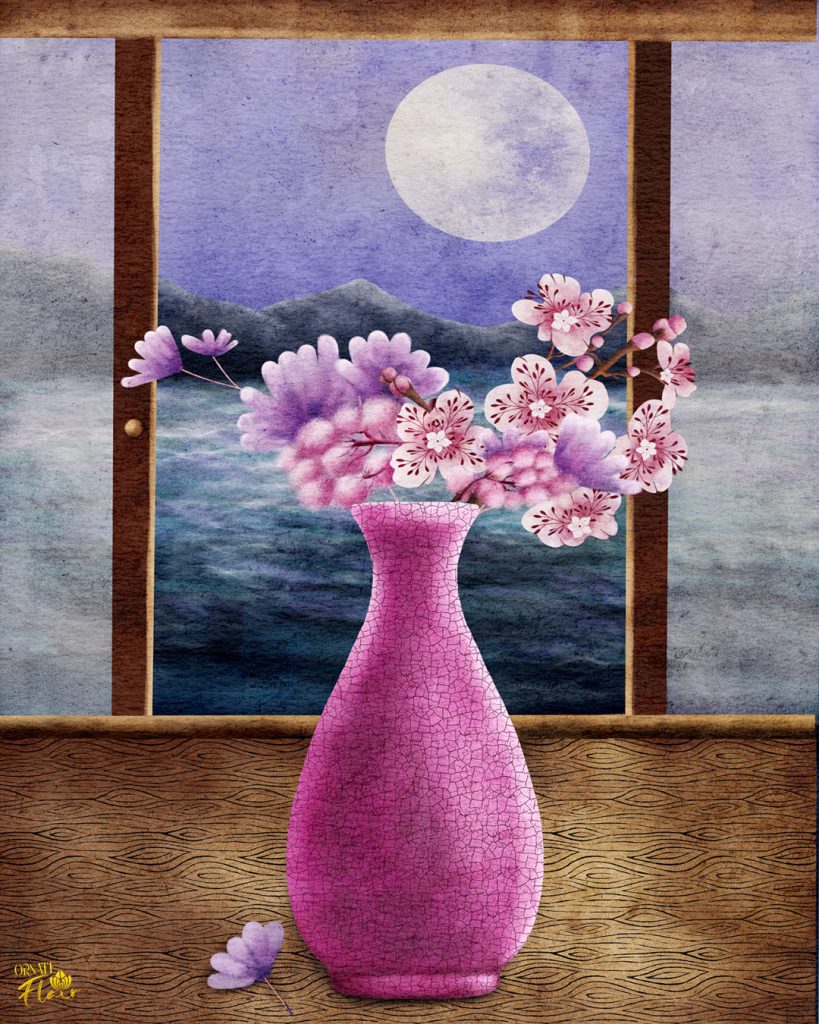 Moonlit Ikebana illustration by Lesley Smitheringale, Japanese-inspired art, art for licensing, brisbane artist