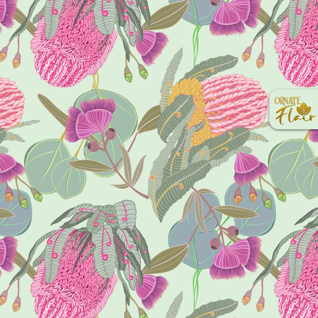 Pink Banksias and Bottlebrush pattern on mint green, Ornate Flair, surface pattern designer, Lesley Smitheringale, Brisbane illustrator, artist for hire