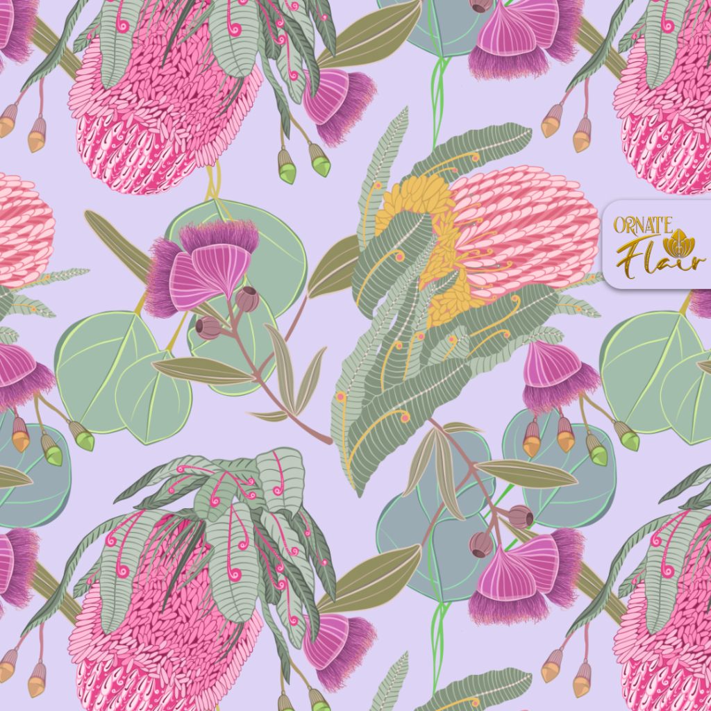 Pink Banksias and Bottlebrush pattern on mauve, Ornate Flair, surface pattern designer, Lesley Smitheringale, Brisbane illustrator, artist for hire