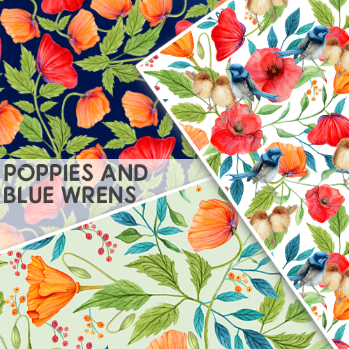 poppies, blue wrens, poppies and blue wrens pattern collection, ornate flair, lesley smitheringale, surface patterns, surface pattern designer, floral patterns, floral fabrics, art licensing